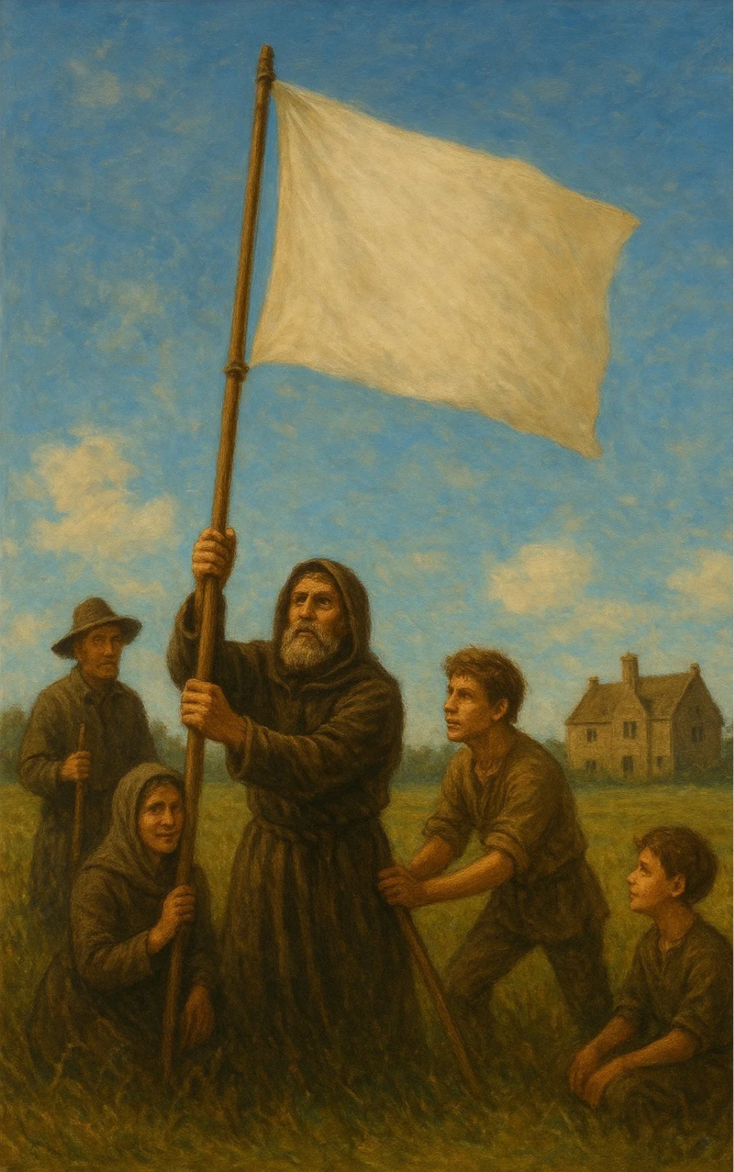 Villagers raising a white flag over the fields