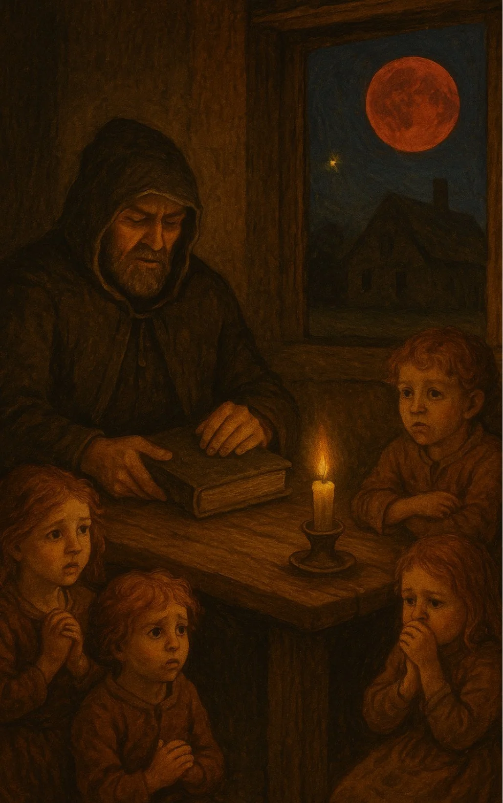 The storyteller closing his book, the children wide eyed