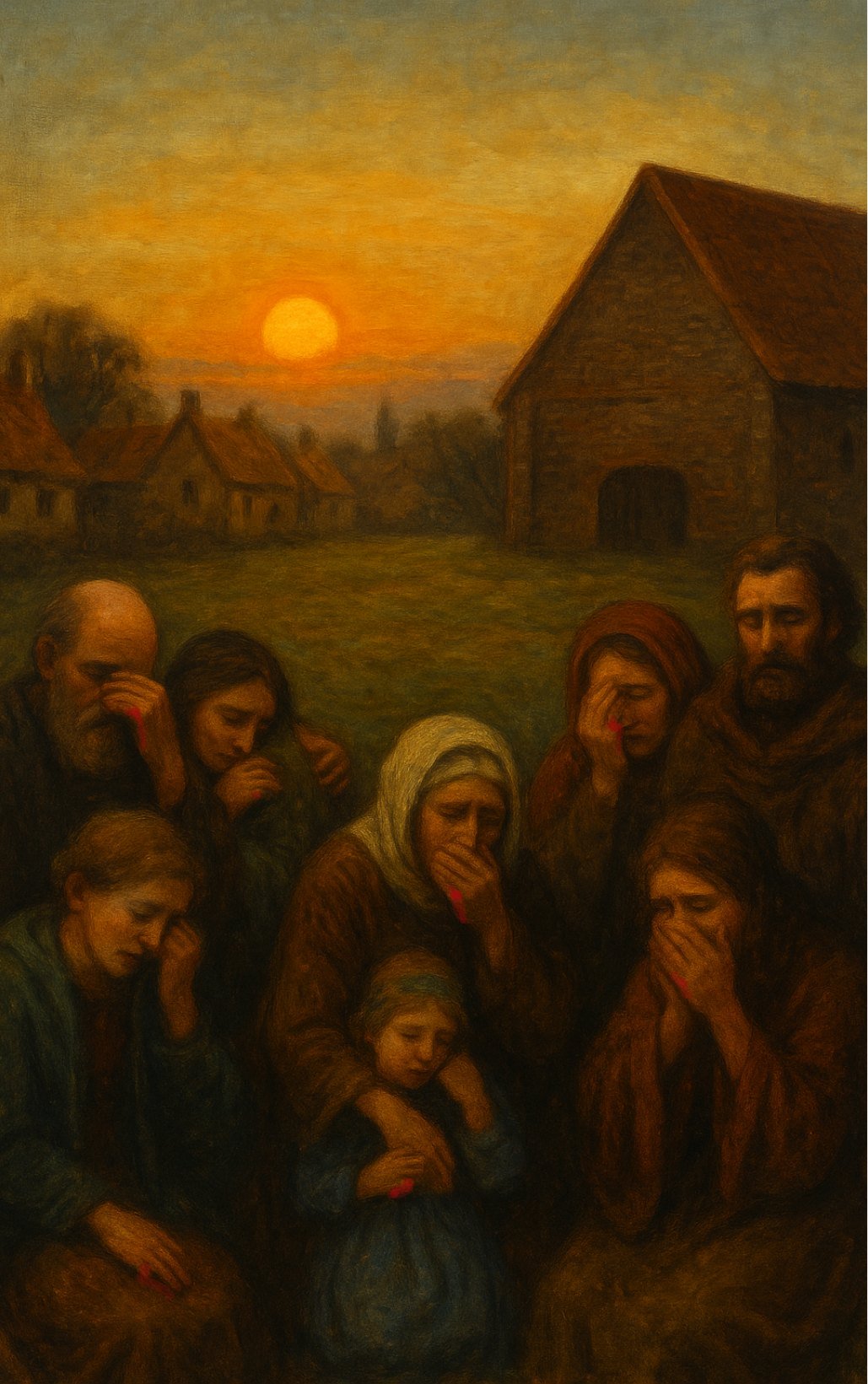 The village weeping at sunset by the barn
