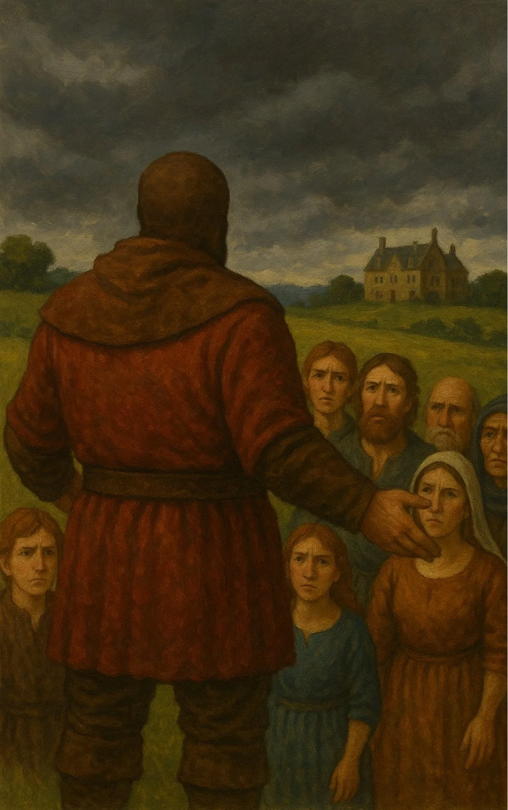 The Baron facing the gathered village