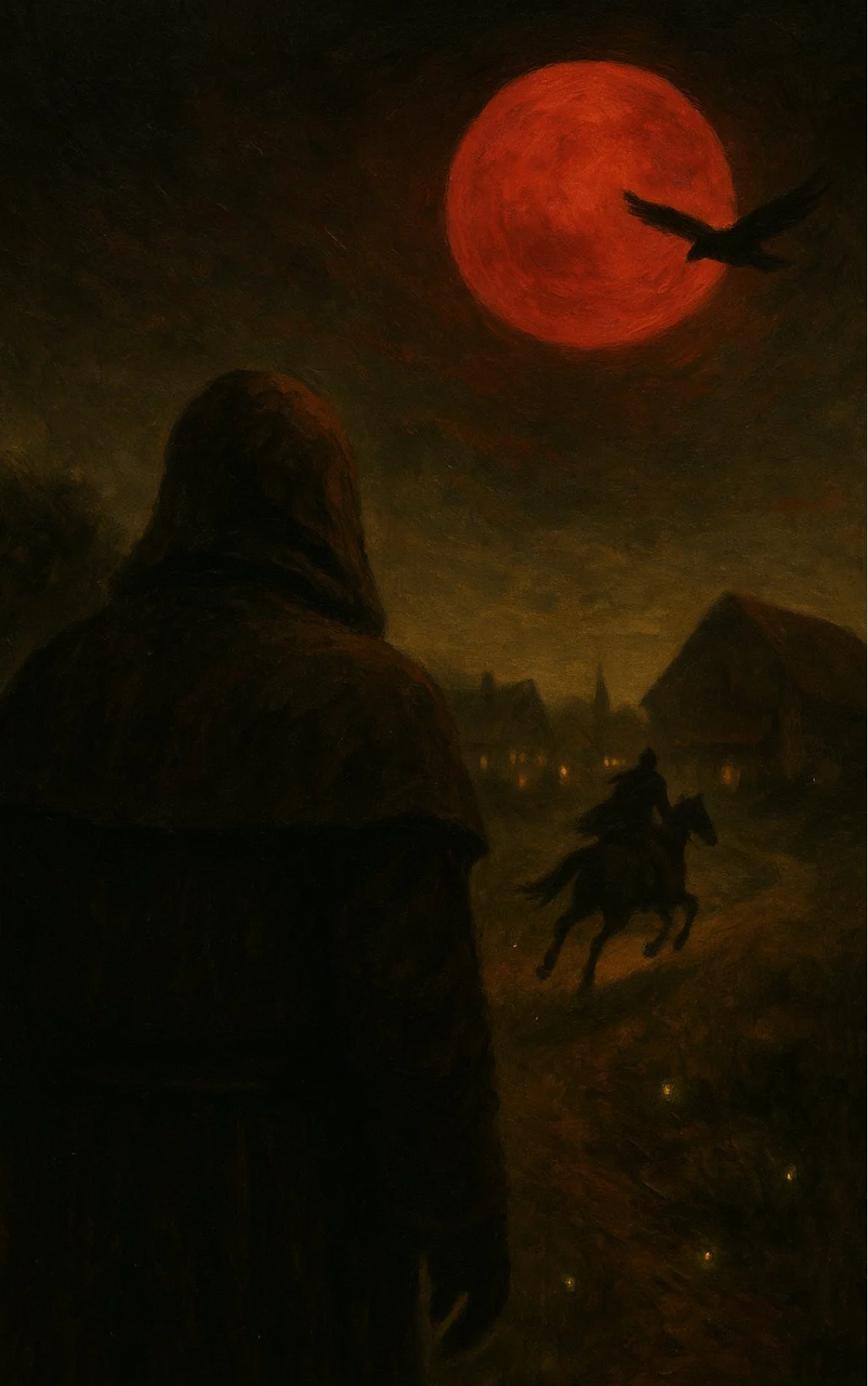 A cloaked figure watching a rider gallop away beneath the red moon
