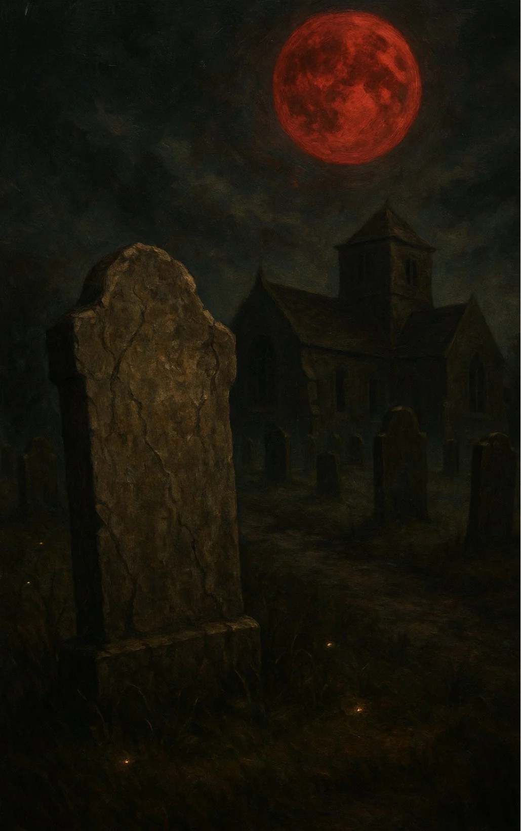 A weathered gravestone by the church under a red moon