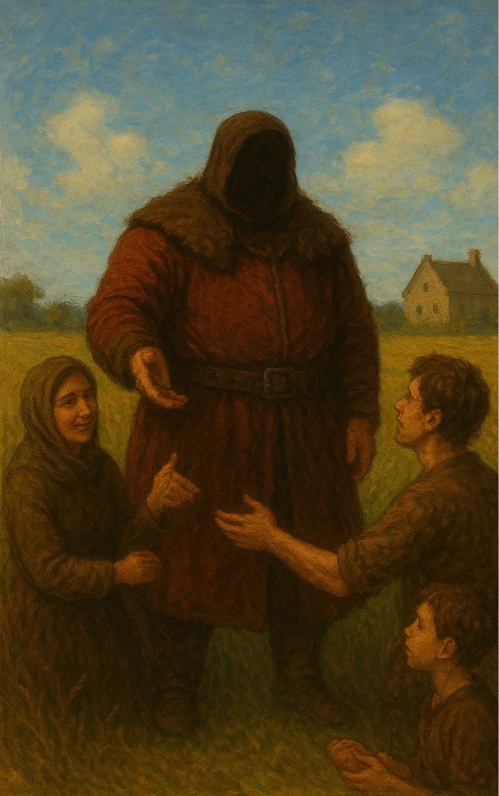 The hooded Baron greeting the villagers with open arms