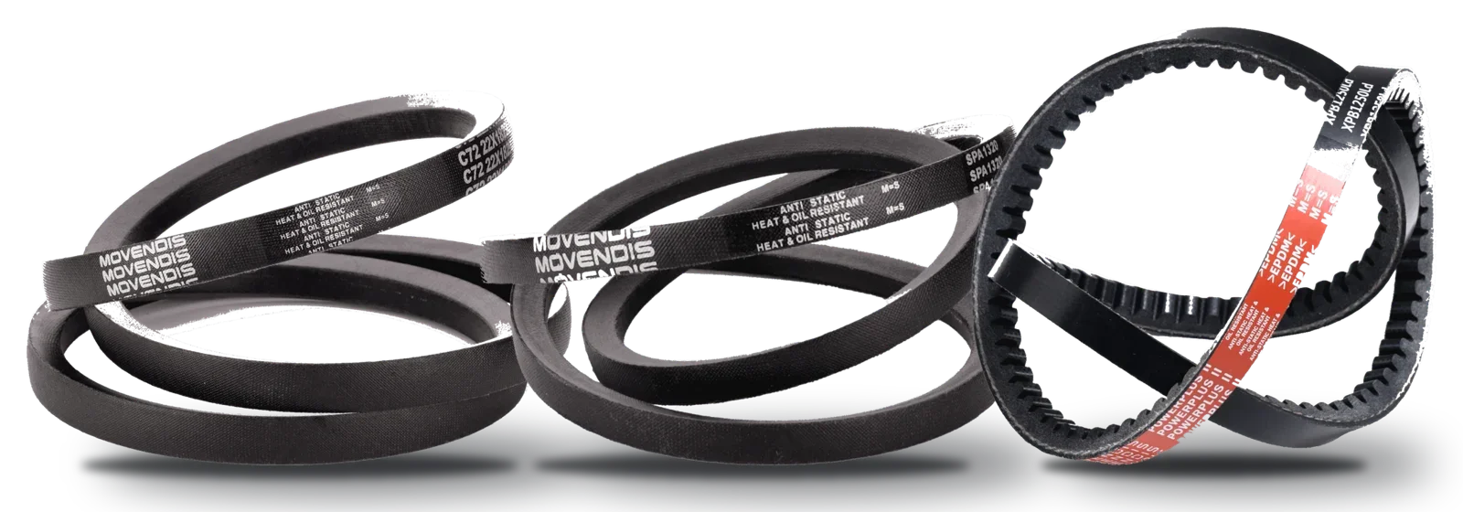 V-belts: one of each type, classical C72, narrow wedge SPA 1320, cogged XPB 1250