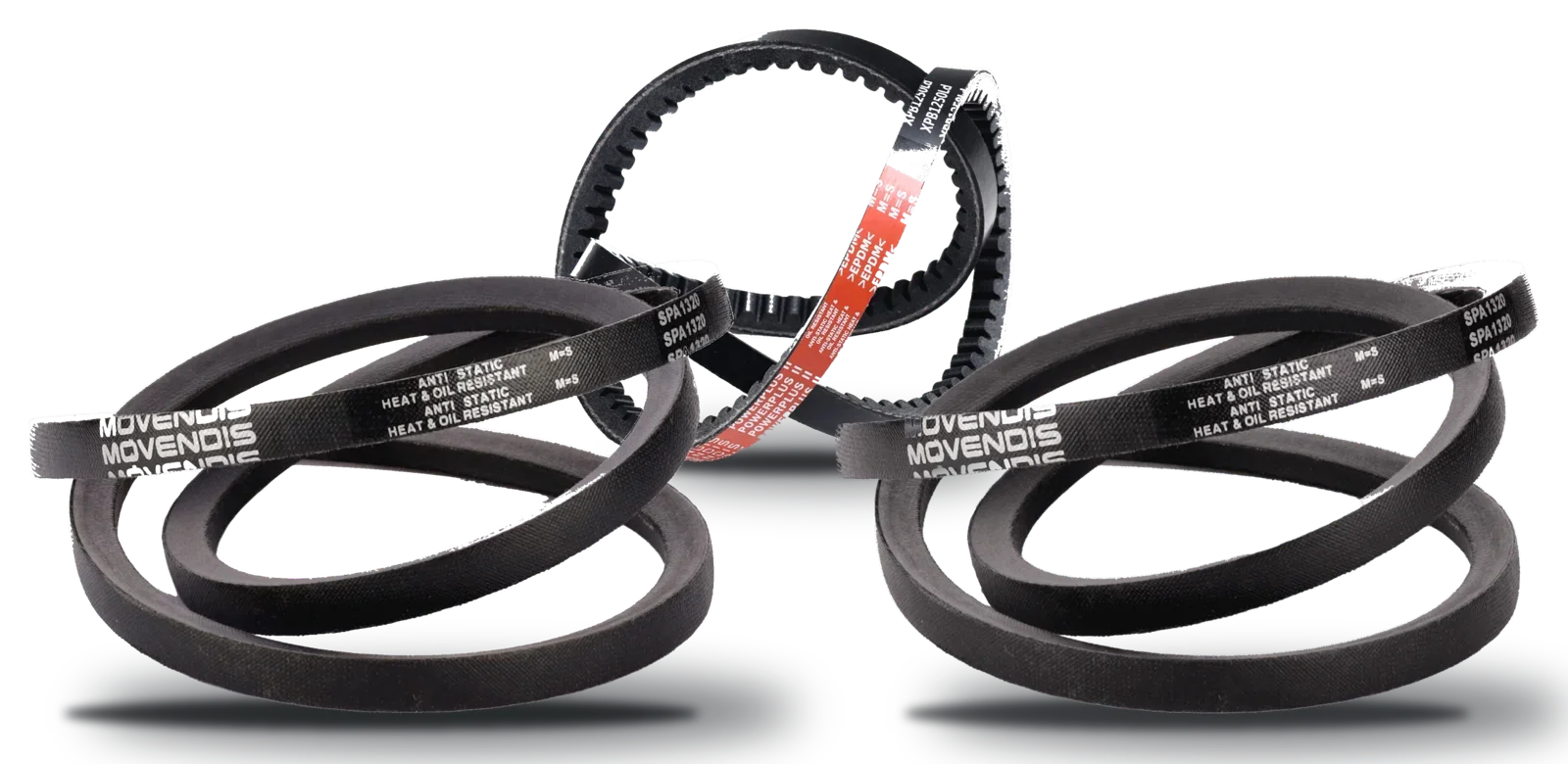 V-belts: cogged XPB behind, classical pair and narrow wedge SPA in front