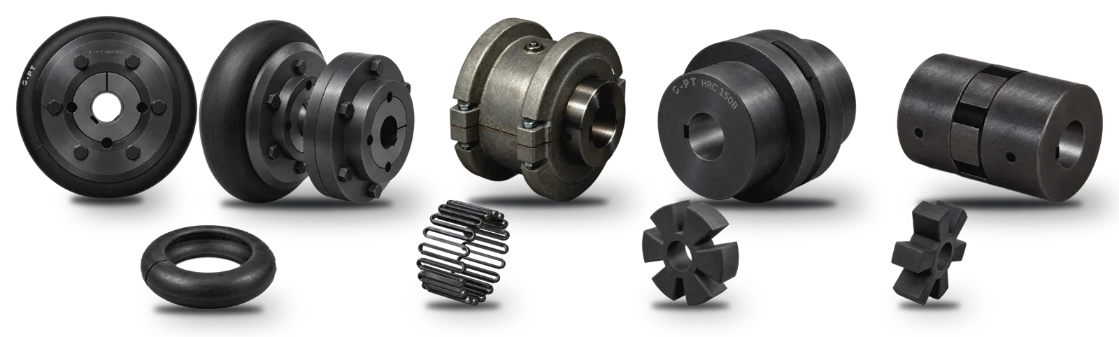 Couplings: tyre, spacer, grid and HRC, with the tyre element, grid spring and HRC element