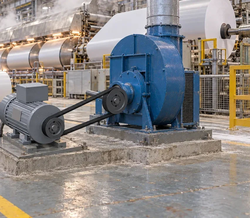 Paper machine hall: belt-driven fan