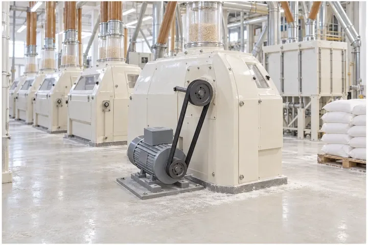 Flour mill: belt drive on a roller mill