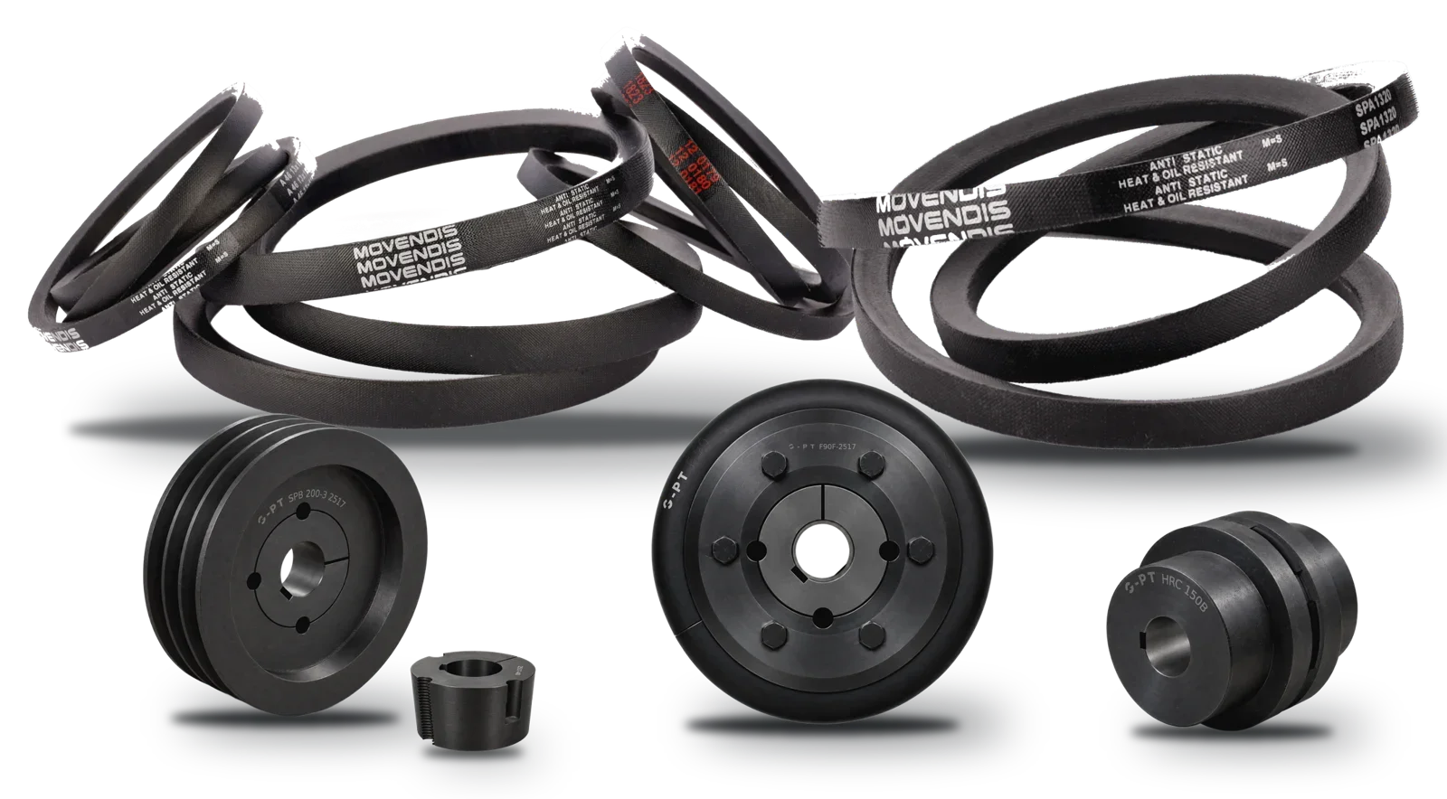 GICO range: classical and narrow wedge V-belts, SPB pulley with 2517 taper bush, F90 tyre coupling, HRC 150B coupling