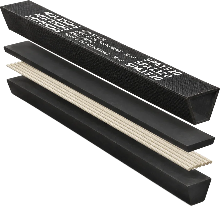Narrow wedge V-belt SPA 1320, exploded view: cover, bonding layer, cords and rubber base