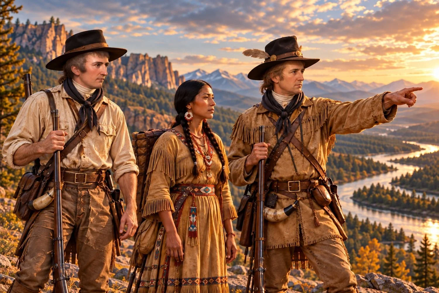 Lewis, Sacagawea, and Clark surveying the mountains ahead