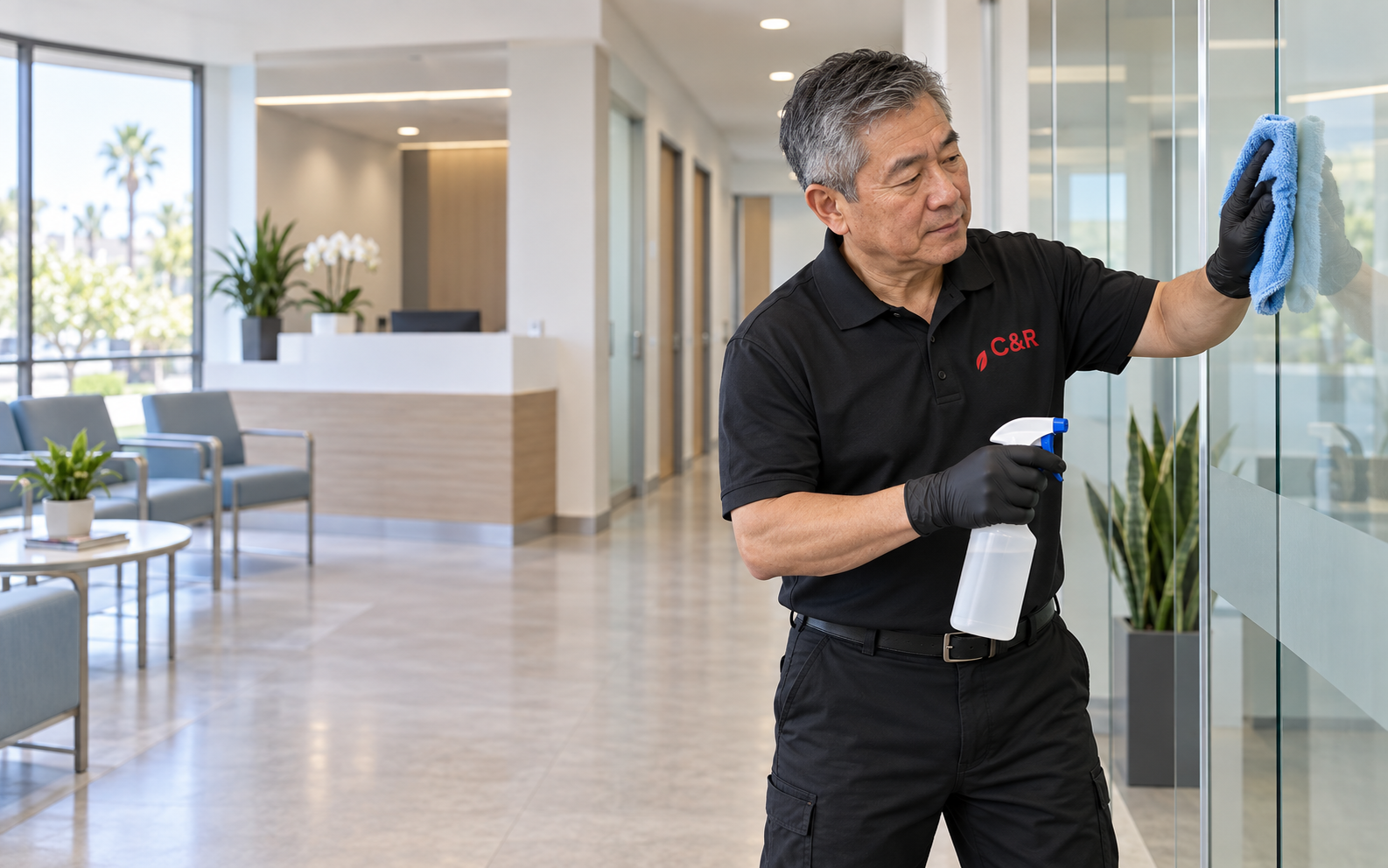 C&R Clean team member providing commercial cleaning in a Southern California medical facility