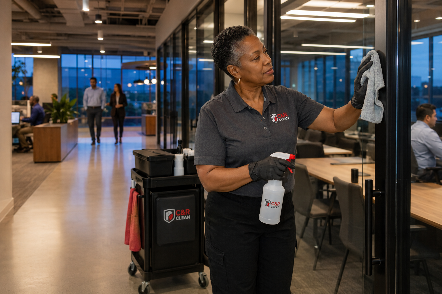 C and R Clean team member providing after-hours cleaning inside a commercial facility