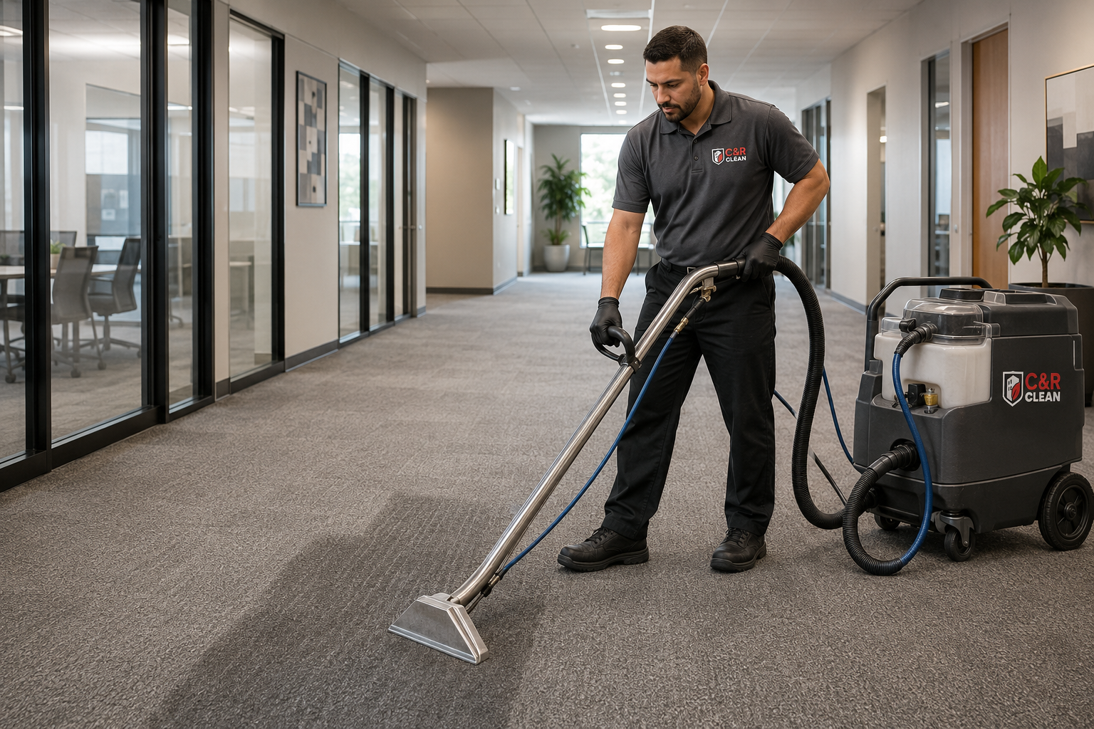 C&R Clean team member performing commercial carpet restoration inside a Southern California facility