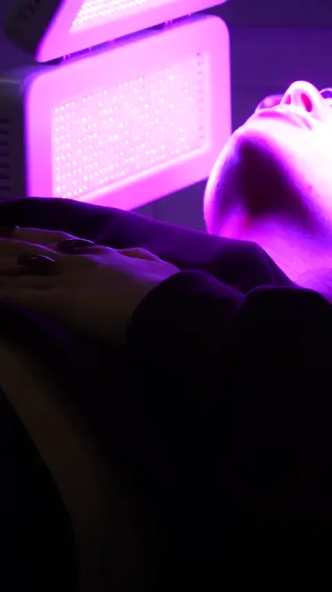 Client relaxing under purple LED light therapy at Skyn Lab