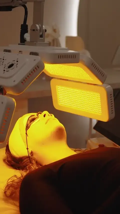 Client relaxing under LED light therapy at Skyn Lab