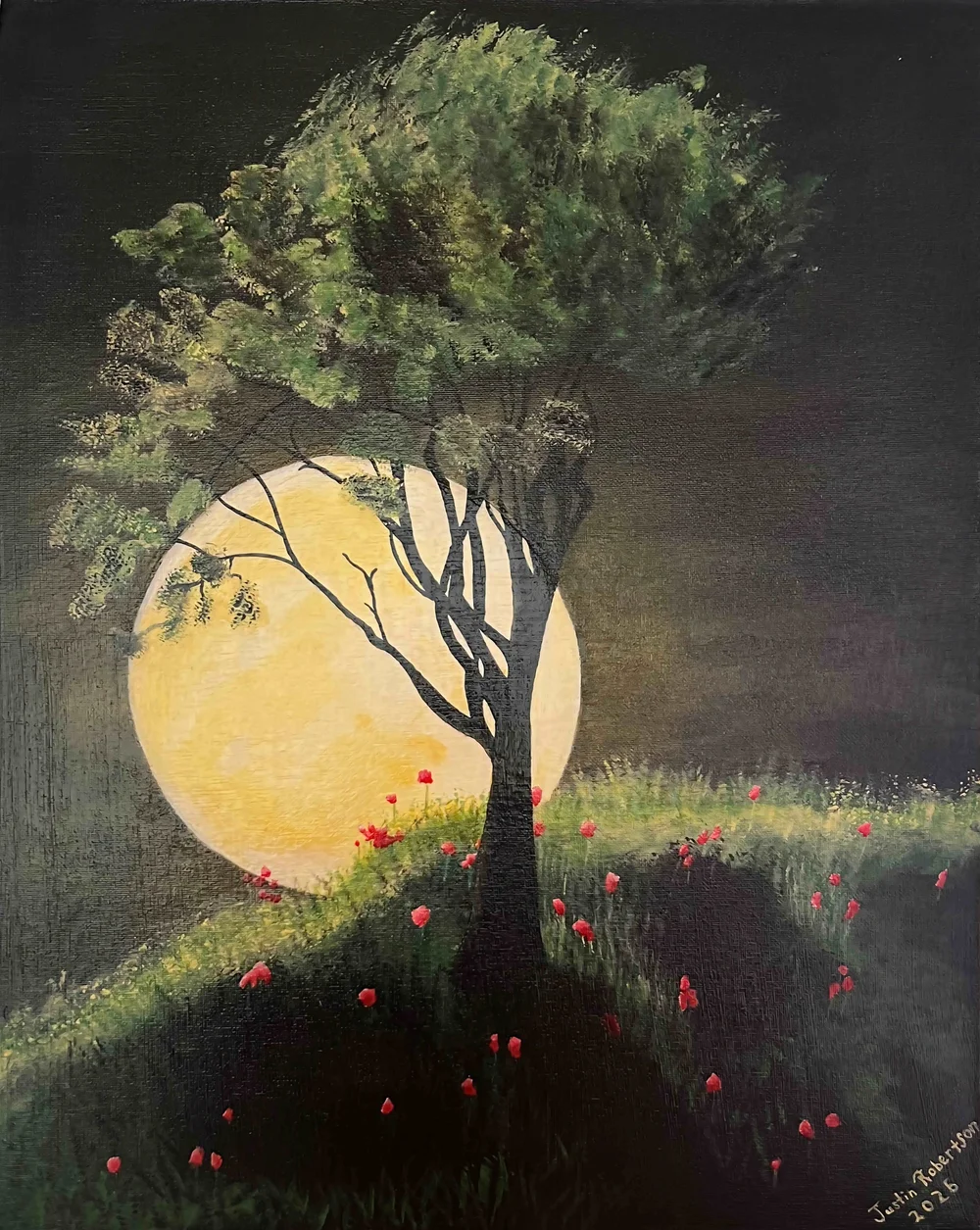 Full Moon Rises by Justin Robertson. A full moon rising over a hill, lighting a single tree and the grass below.