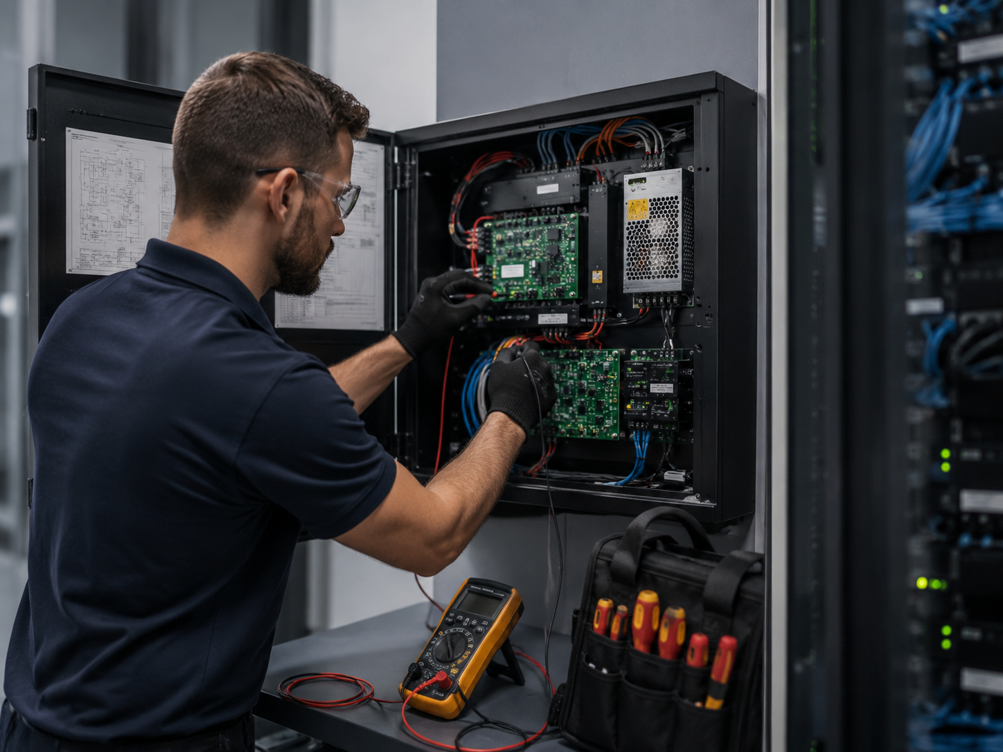 Access control technician servicing a commercial door controller panel in a telecom room