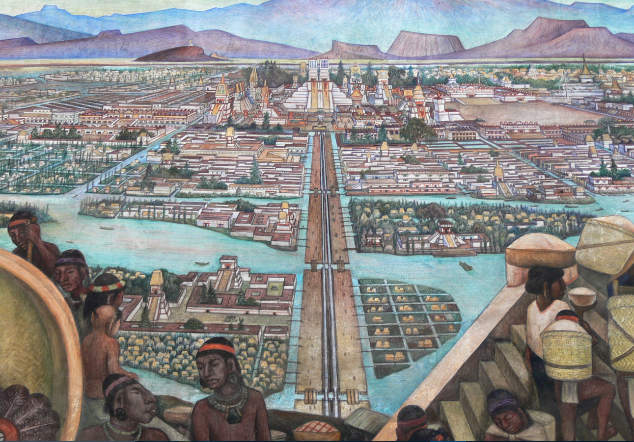 Representación artística de la Gran Tenochtitlan sobre el lago de Texcoco