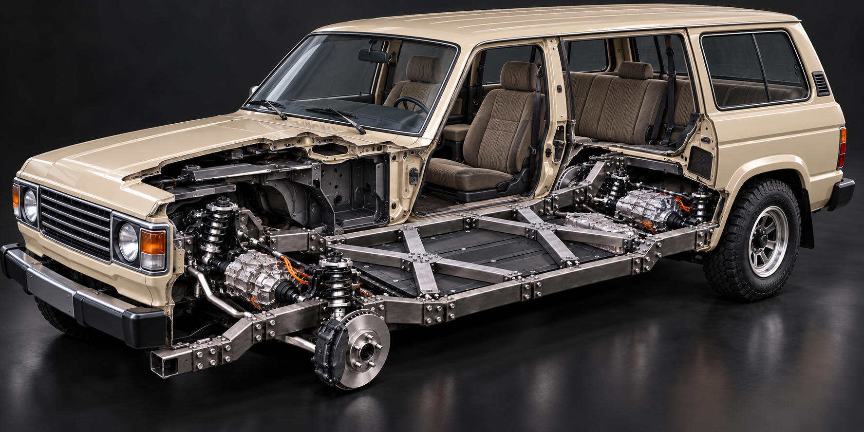 toyota land cruiser 60 EV cutaway with FLXXDECK chassis, twin X braces and Model 3 drivetrain