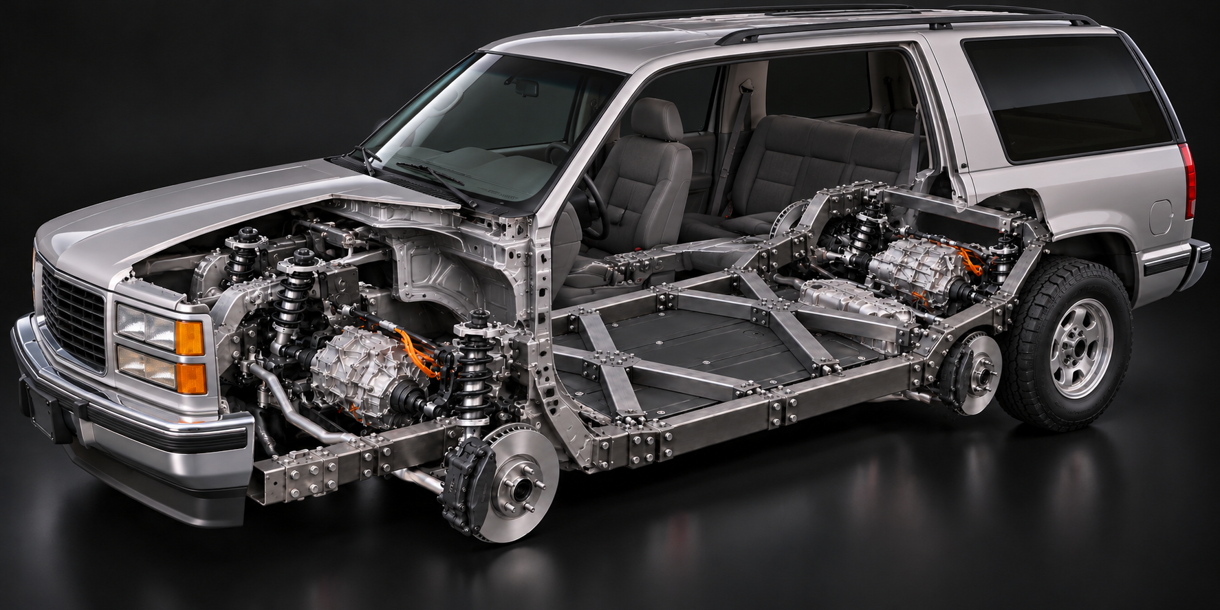 gmc yukon EV cutaway with FLXXDECK chassis, twin X braces and Model 3 drivetrain