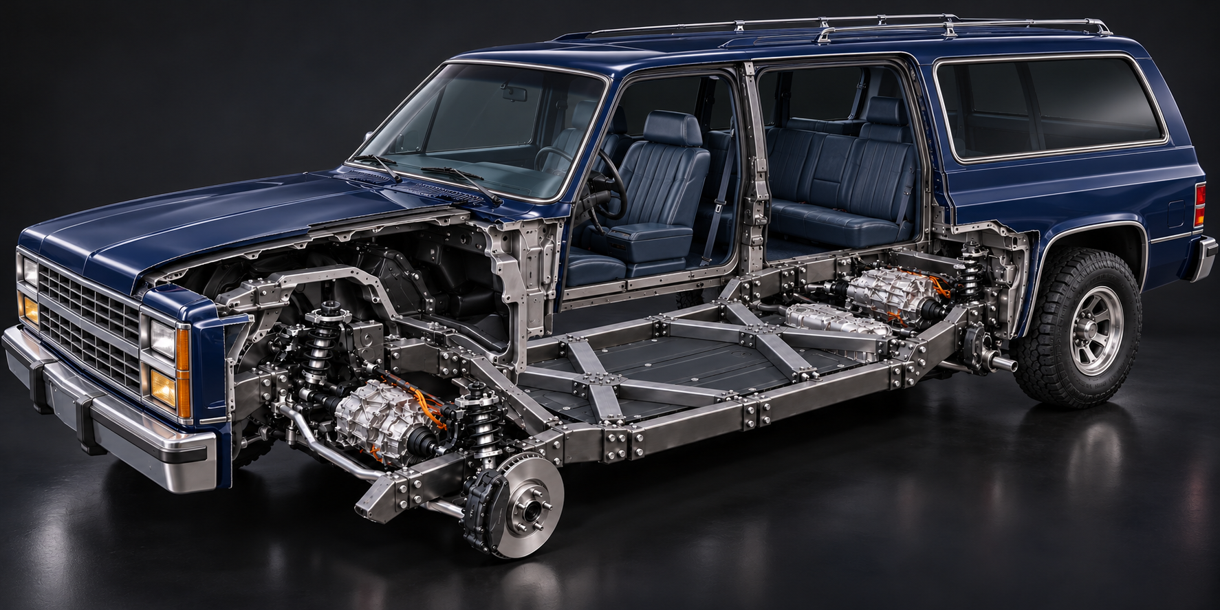 chevrolet suburban EV cutaway with FLXXDECK chassis, twin X braces and Model 3 drivetrain