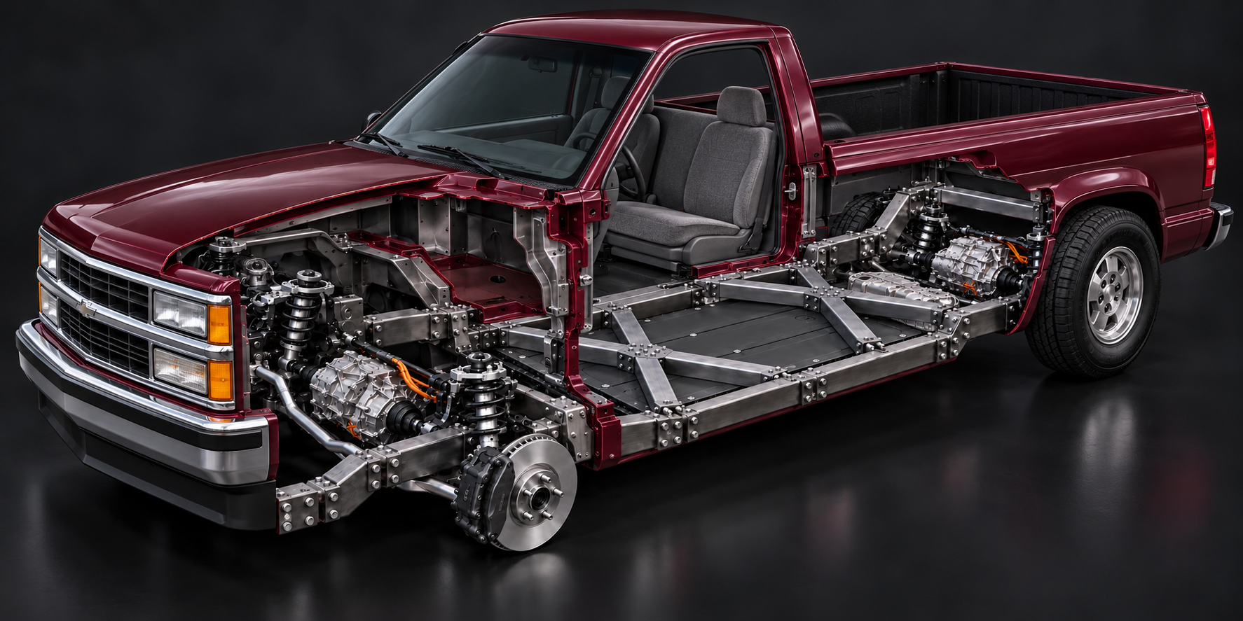 chevrolet c1500 obs EV cutaway with FLXXDECK chassis, twin X braces and Model 3 drivetrain