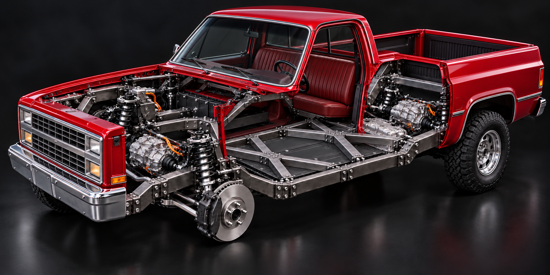 chevrolet k10 EV cutaway with FLXXDECK chassis, twin X braces and Model 3 drivetrain