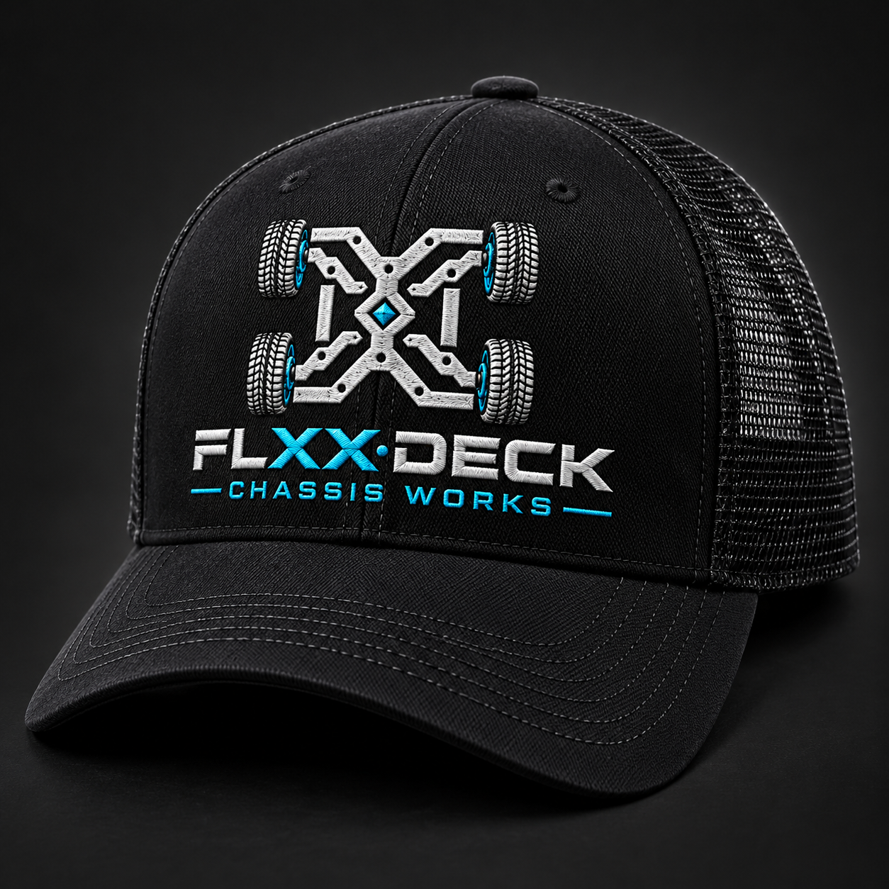 FLXXDECK embroidered trucker hat concept mockup