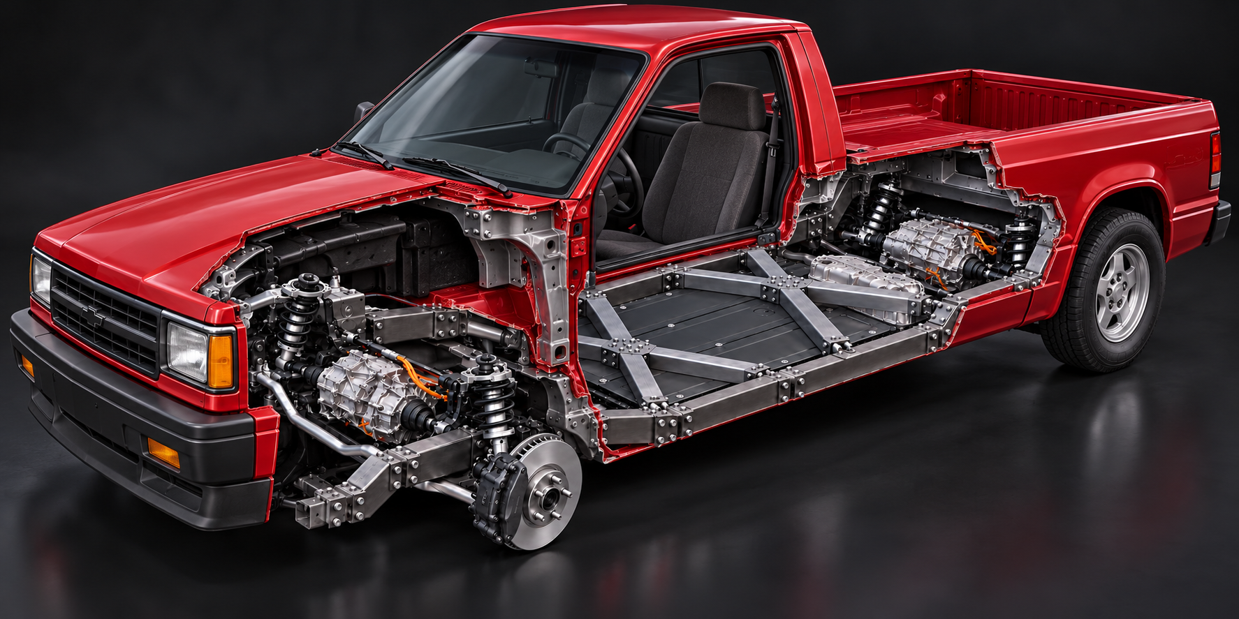 chevrolet s10 EV cutaway with FLXXDECK chassis, twin X braces and Model 3 drivetrain