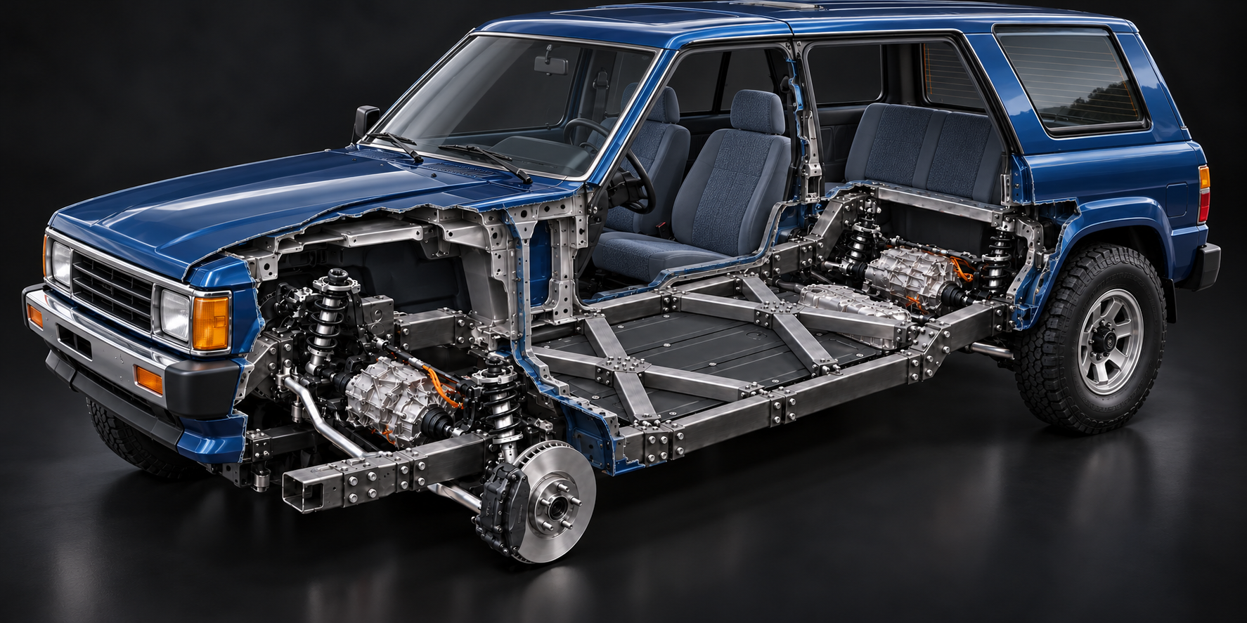 toyota 4runner EV cutaway with FLXXDECK chassis, twin X braces and Model 3 drivetrain