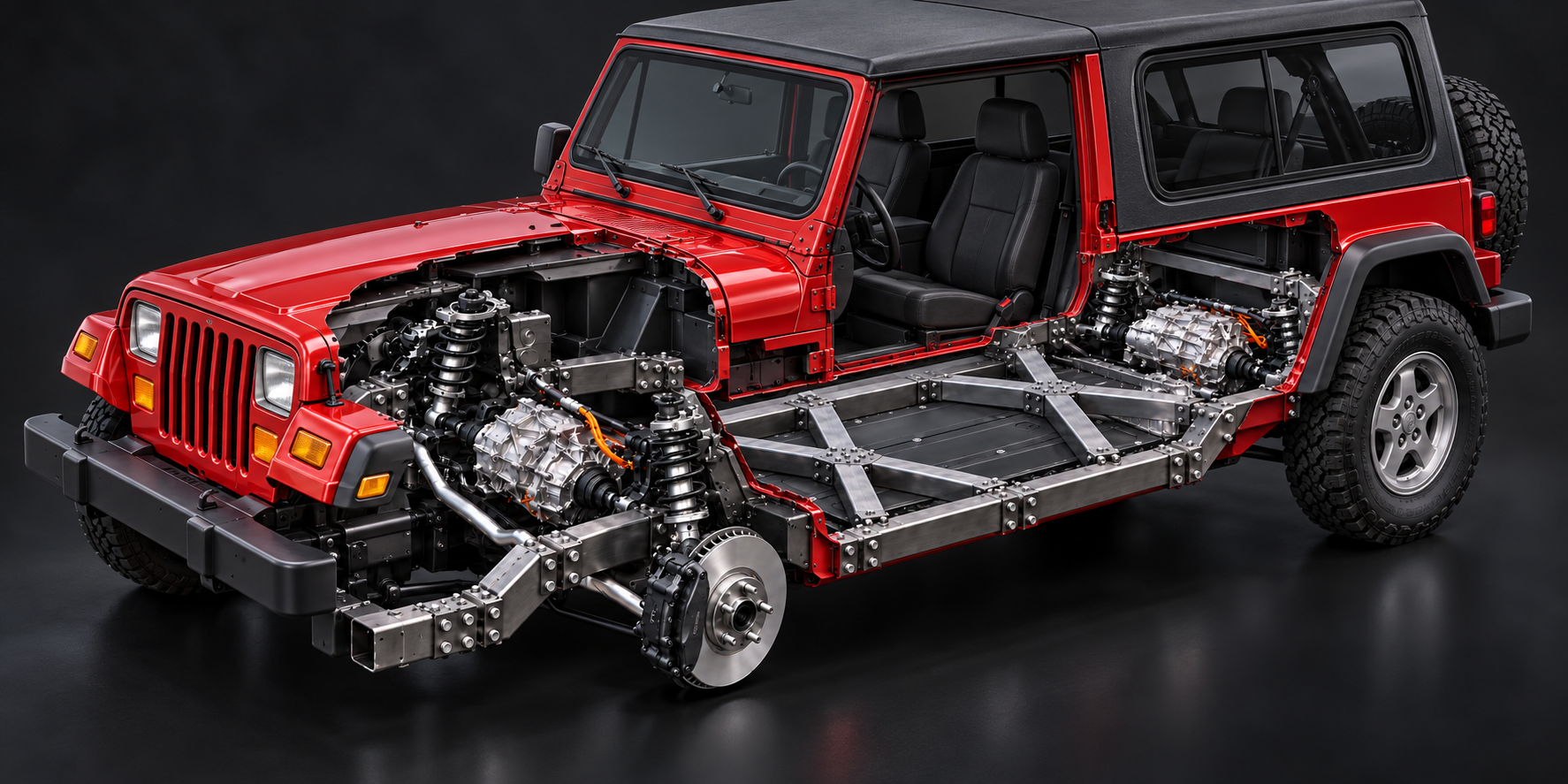jeep wrangler yj EV cutaway with FLXXDECK chassis, twin X braces and Model 3 drivetrain