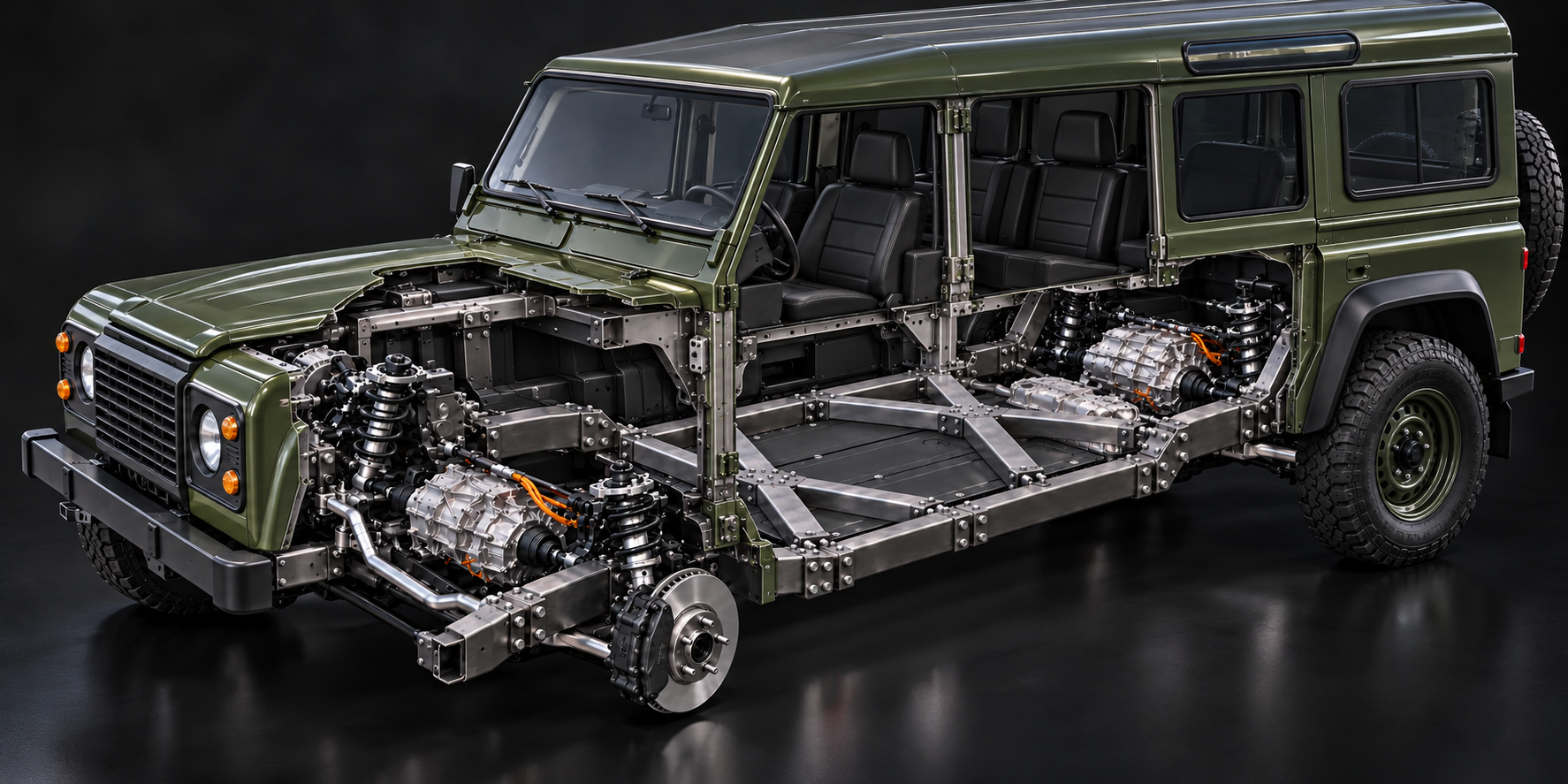 defender 110 EV cutaway with FLXXDECK chassis, twin X braces and Model 3 drivetrain