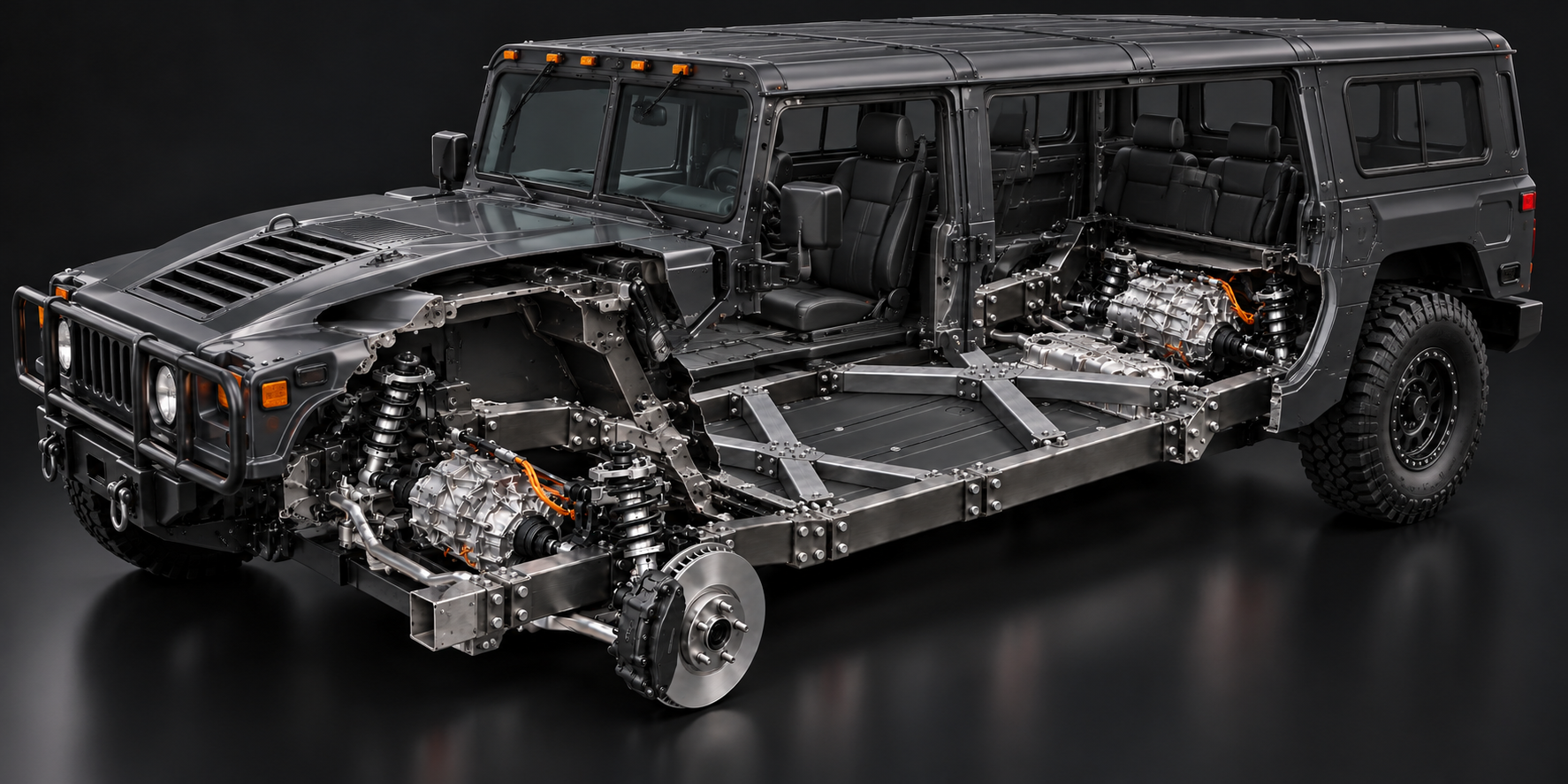 hummer h1 EV cutaway with FLXXDECK chassis, twin X braces and Model 3 drivetrain
