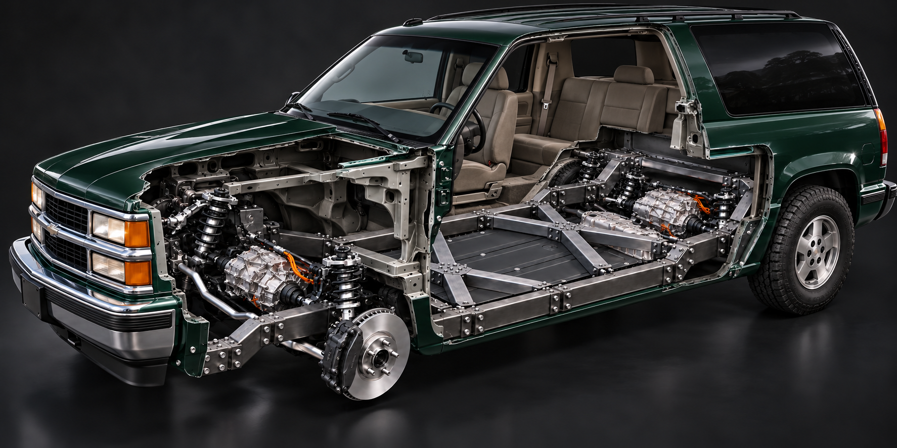 chevrolet tahoe EV cutaway with FLXXDECK chassis, twin X braces and Model 3 drivetrain