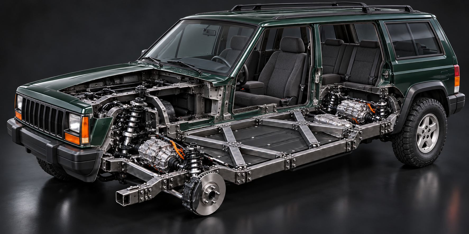 jeep cherokee xj EV cutaway with FLXXDECK chassis, twin X braces and Model 3 drivetrain