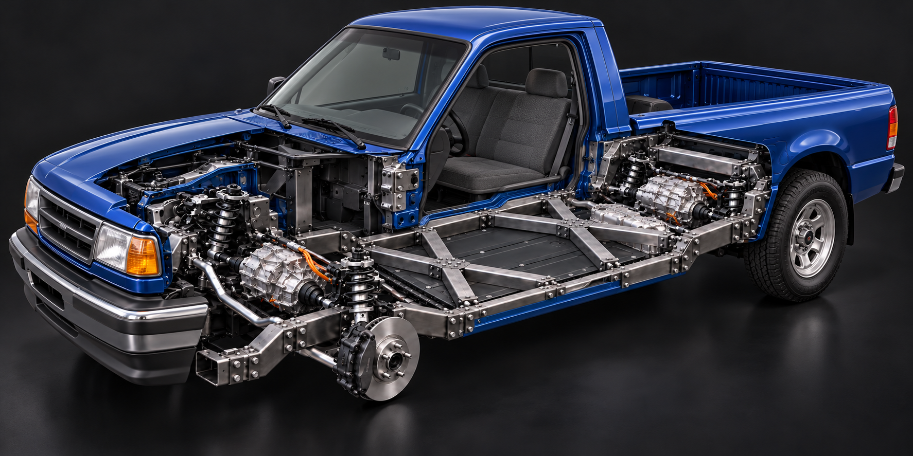 ford ranger EV cutaway with FLXXDECK chassis, twin X braces and Model 3 drivetrain