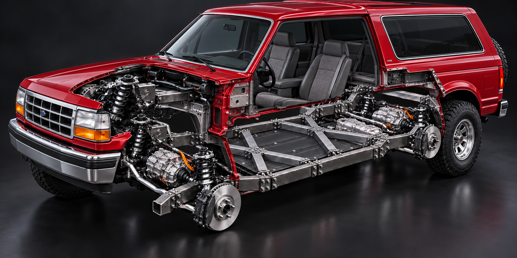 ford bronco EV cutaway with FLXXDECK chassis, twin X braces and Model 3 drivetrain