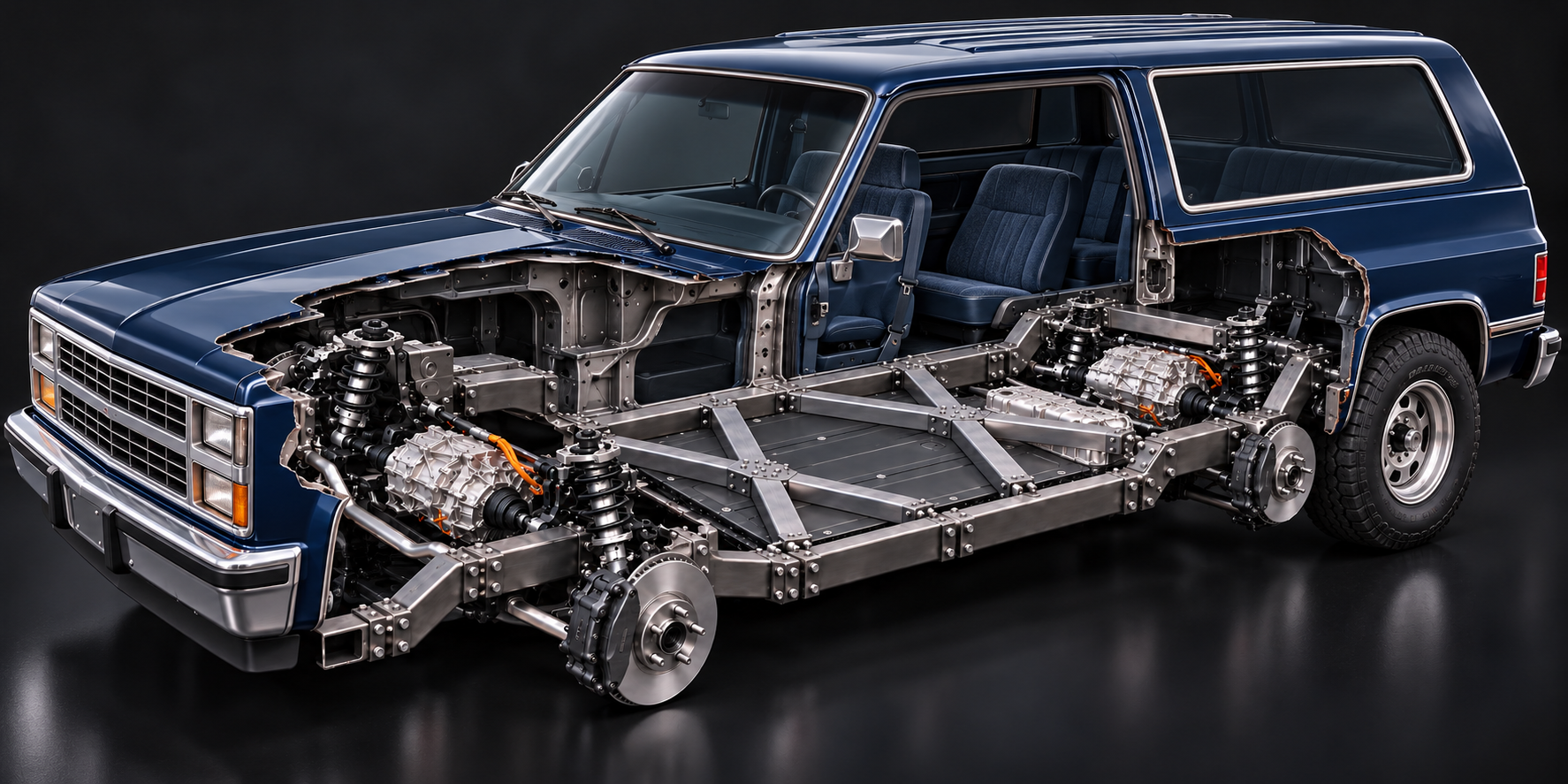 chevrolet k5 blazer EV cutaway with FLXXDECK chassis, twin X braces and Model 3 drivetrain