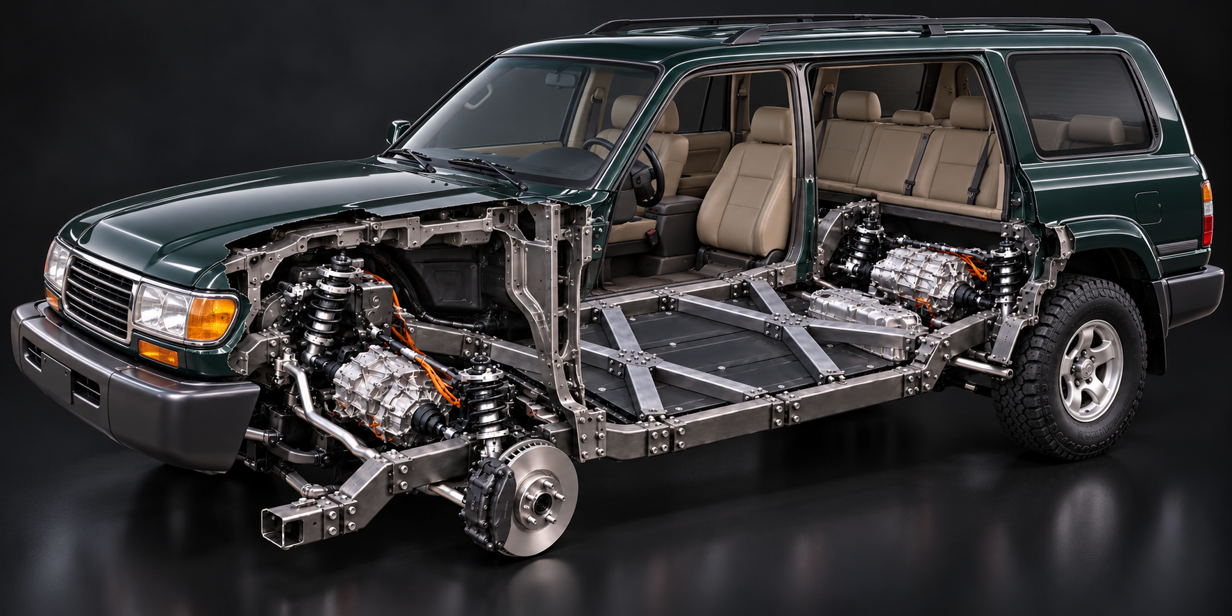 toyota land cruiser 80 EV cutaway with FLXXDECK chassis, twin X braces and Model 3 drivetrain