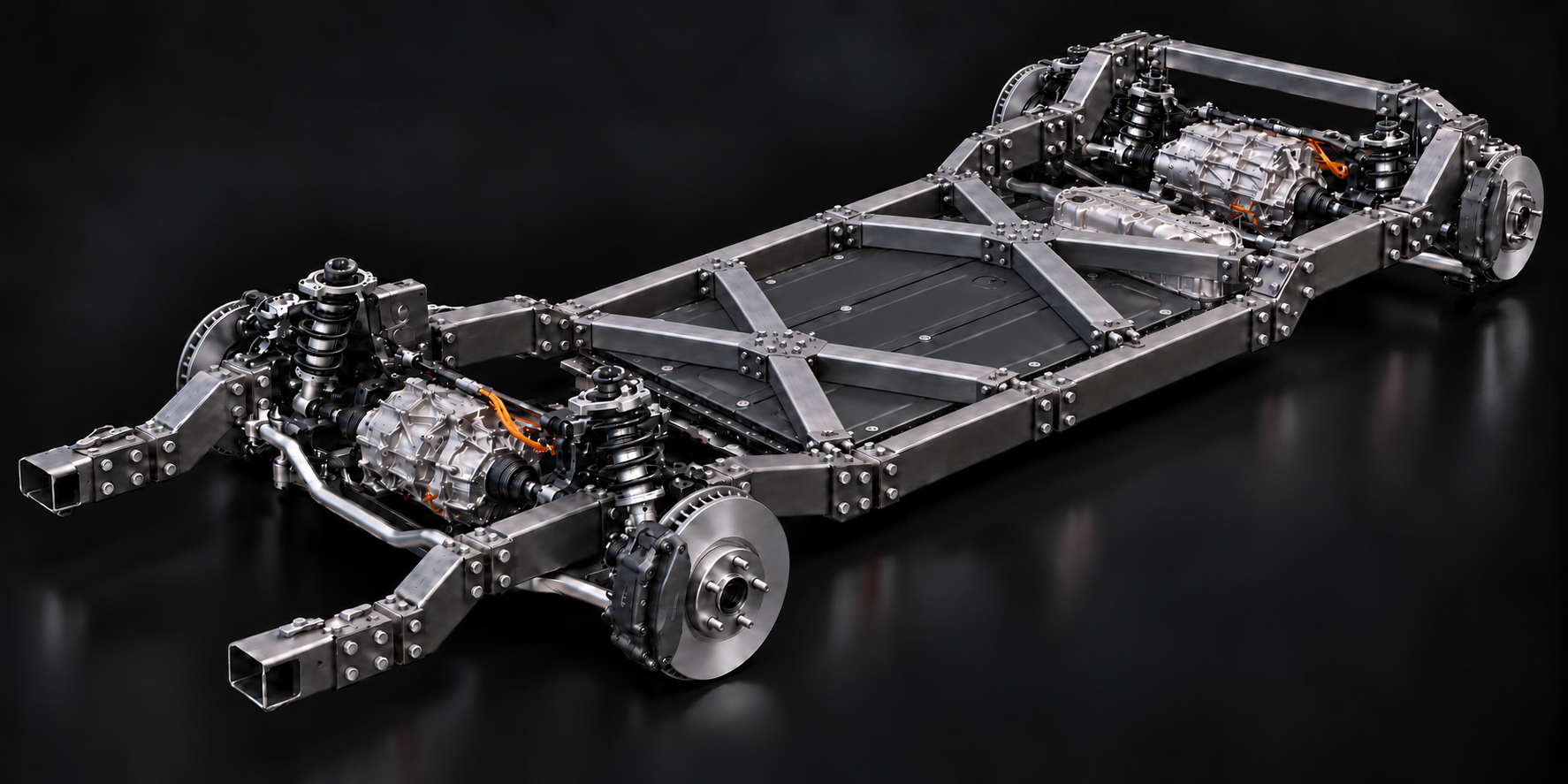FLXXDECK modular chassis with Tesla Model 3 drivetrain, coilovers and twin X braces