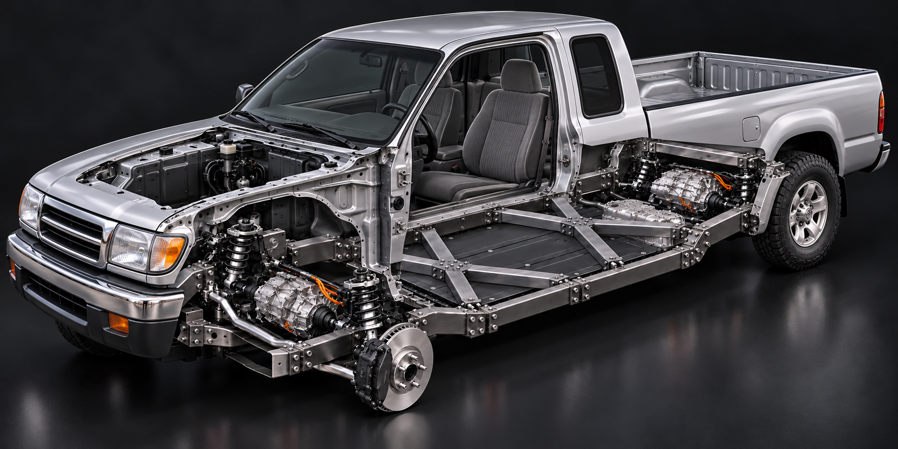 toyota tacoma EV cutaway with FLXXDECK chassis, twin X braces and Model 3 drivetrain