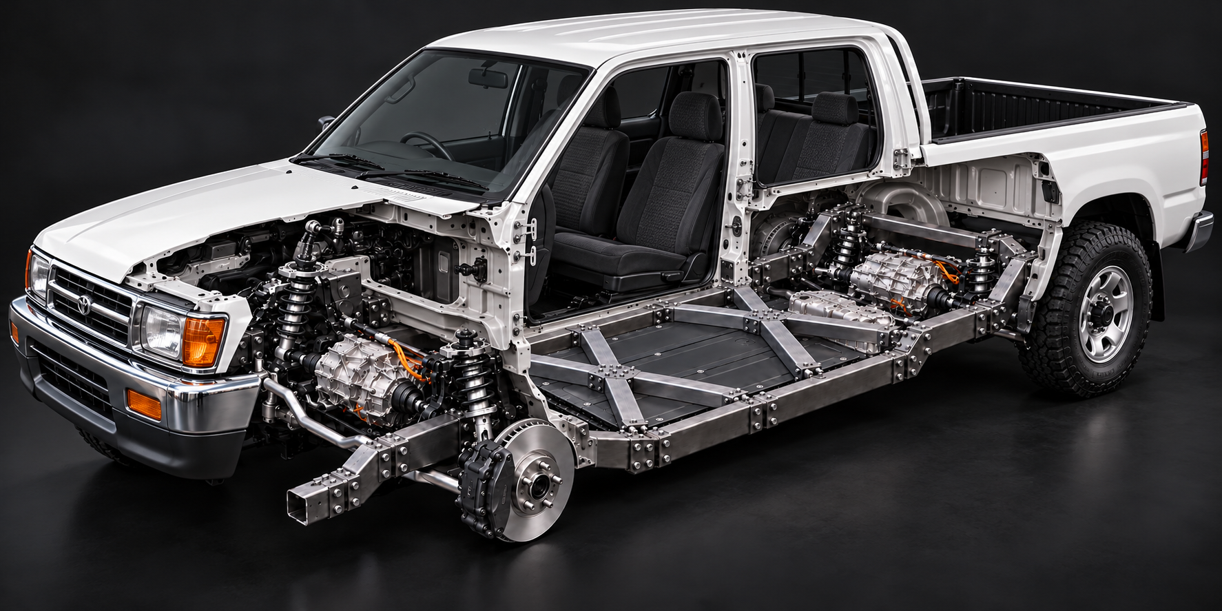 toyota hilux EV cutaway with FLXXDECK chassis, twin X braces and Model 3 drivetrain