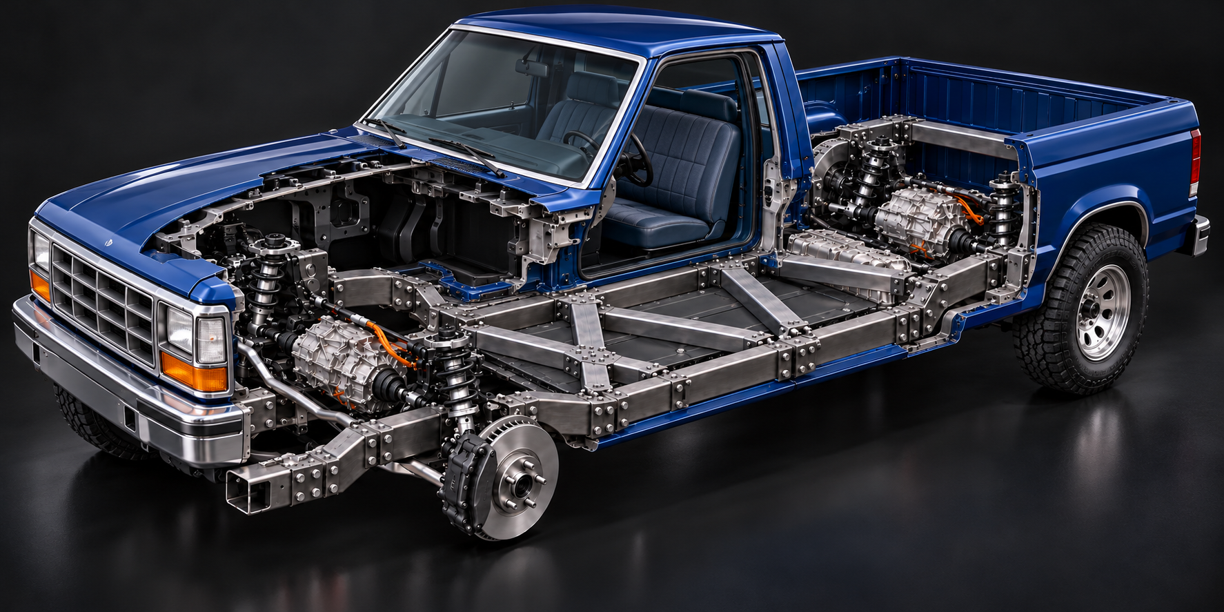 ford f150 EV cutaway with FLXXDECK chassis, twin X braces and Model 3 drivetrain