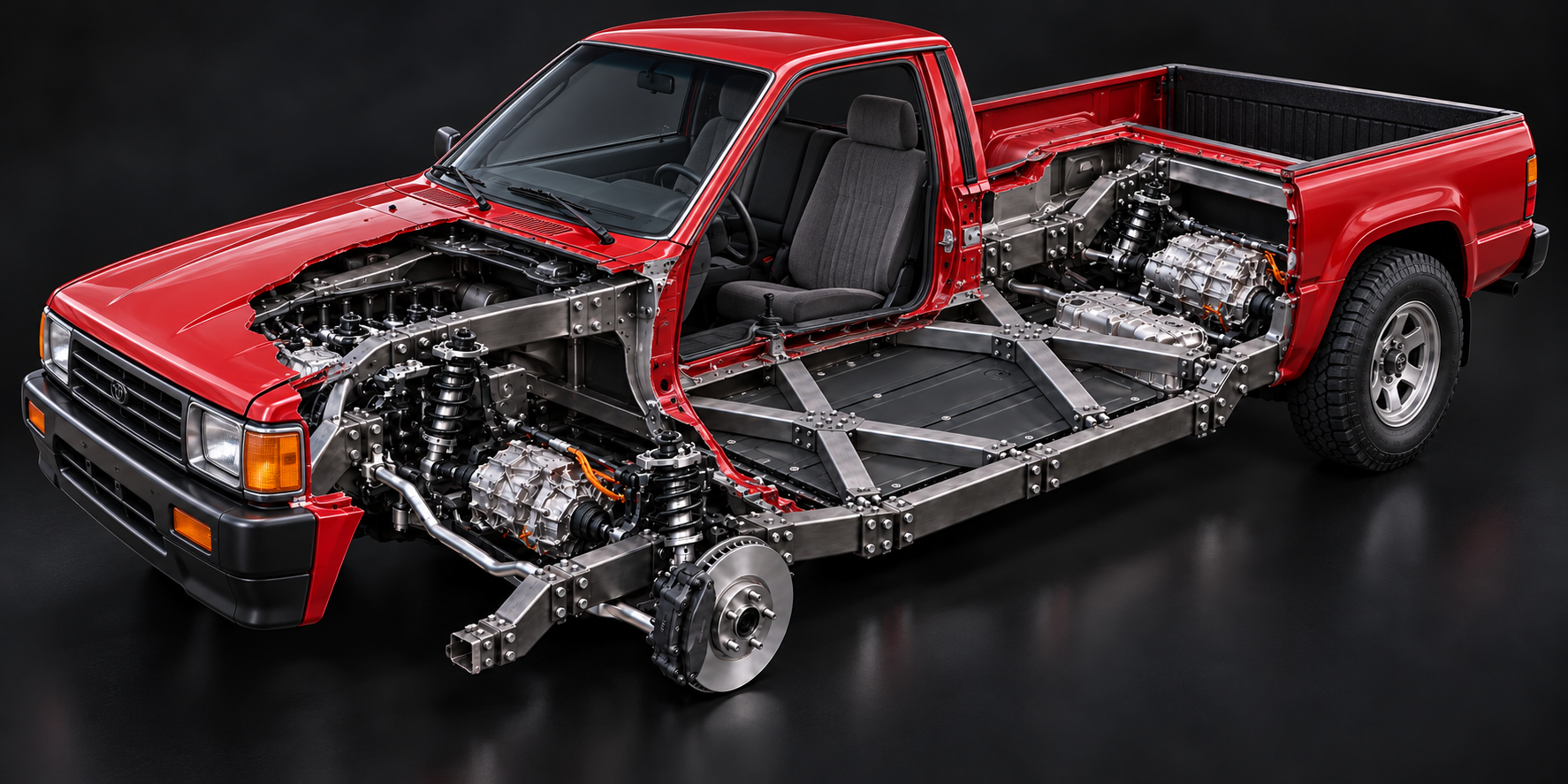 toyota pickup EV cutaway with FLXXDECK chassis, twin X braces and Model 3 drivetrain