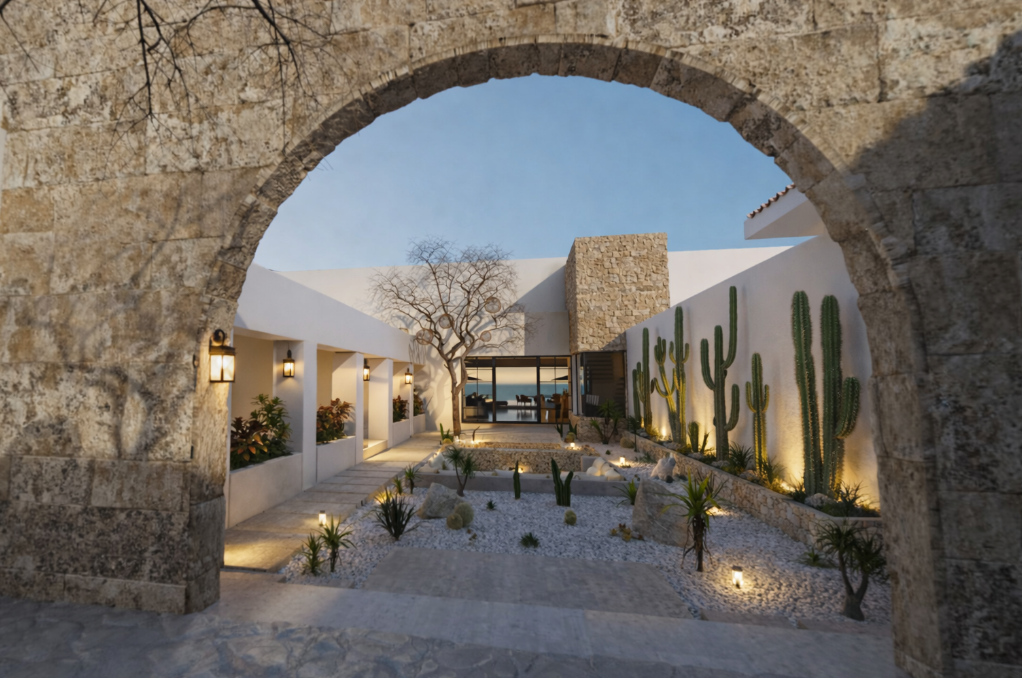 Covered terrace at dusk with pool and ocean view
