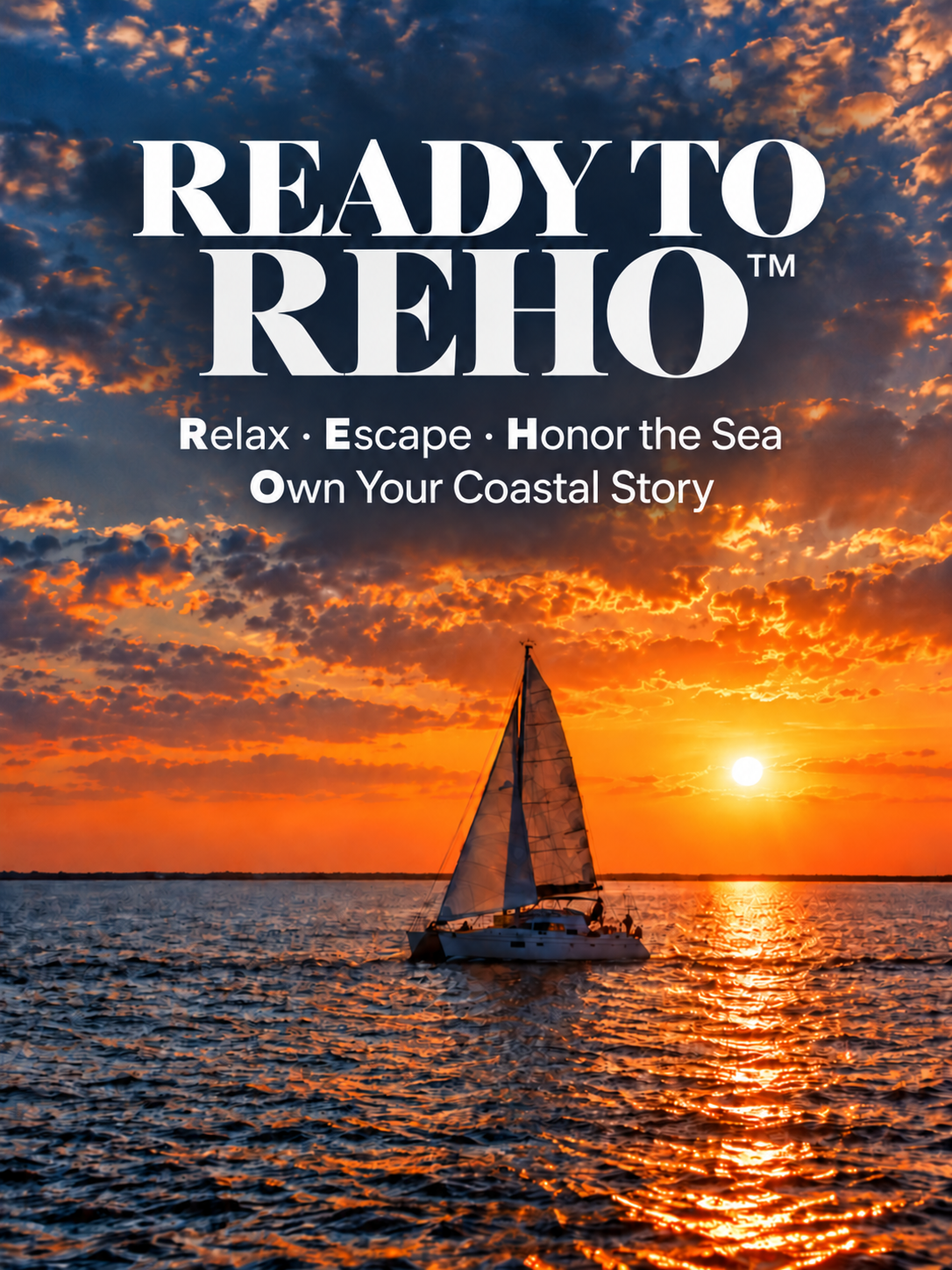 Ready to ReHo™. Relax. Escape. Honor the Sea. Own Your Coastal Story. Centered white serif masthead and two lines of text over a full sailboat sunset photograph.