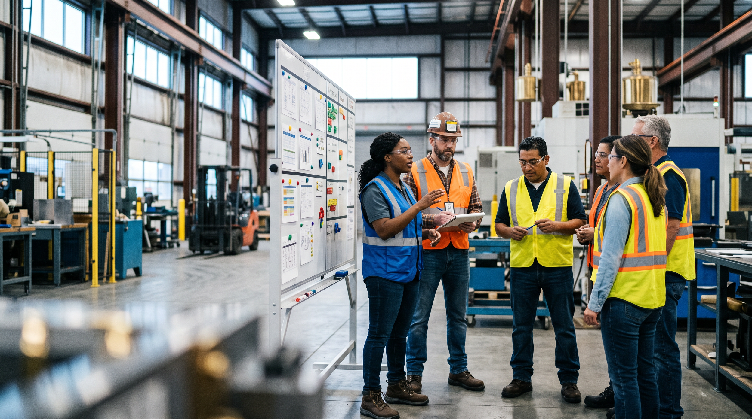 A cross-functional manufacturing team and safety consultant reviewing improvements at a visual management board