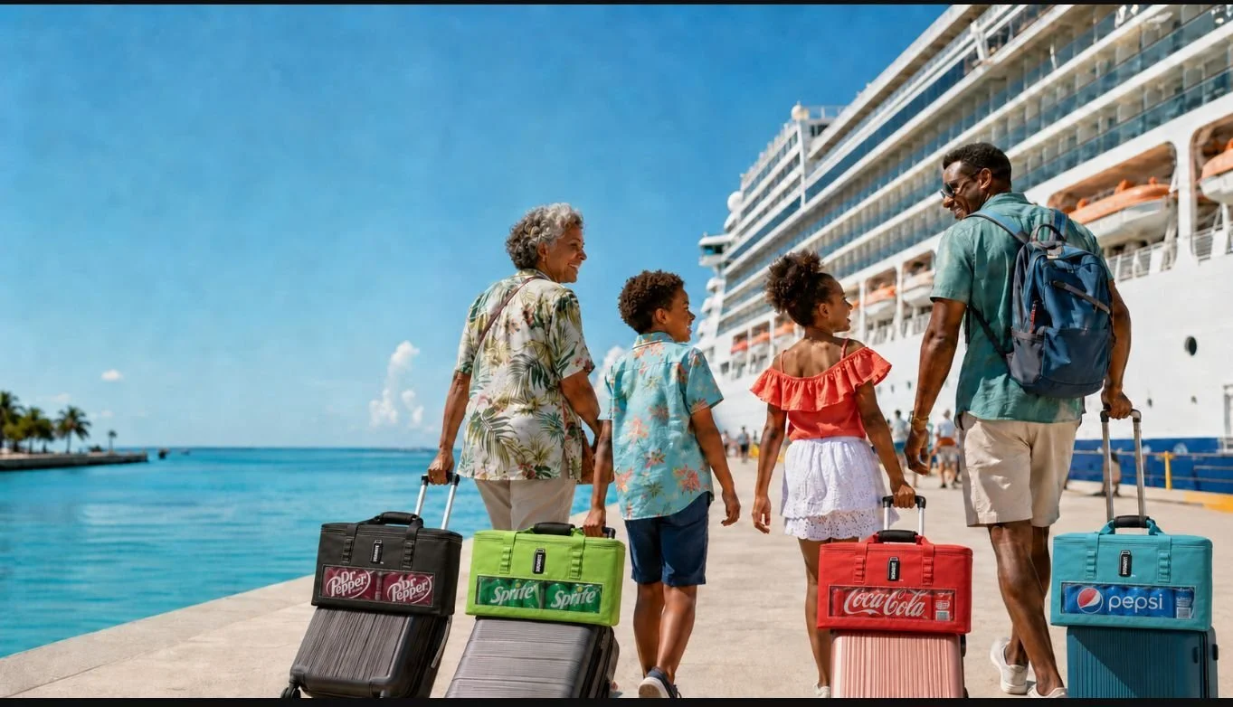 Travelers beginning a cruise vacation with colorful SODAMATE beverage carrier bags