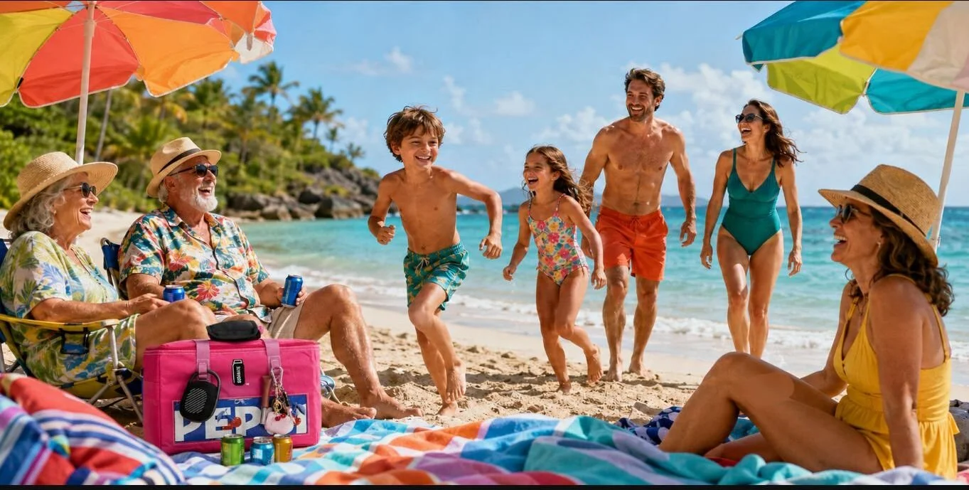 Family enjoying a beach adventure with their SODAMATE bag